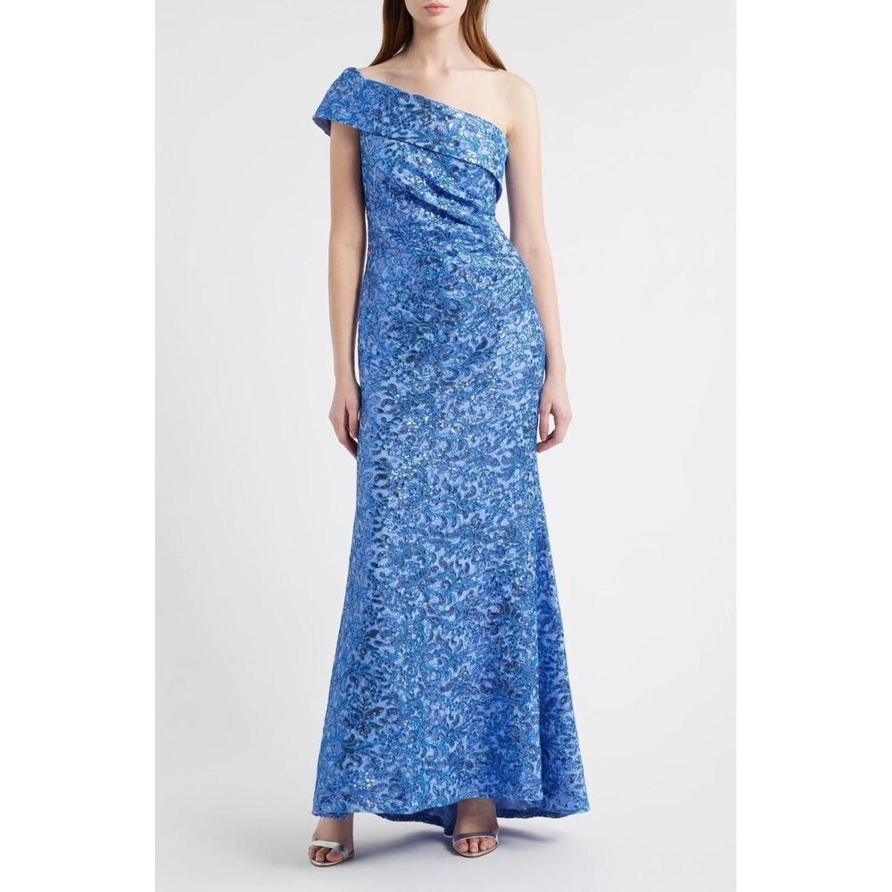 New Eliza J Womens Blue Sequin Lace One Shoulder Side Tucks Long Dress Blue Sz 8
